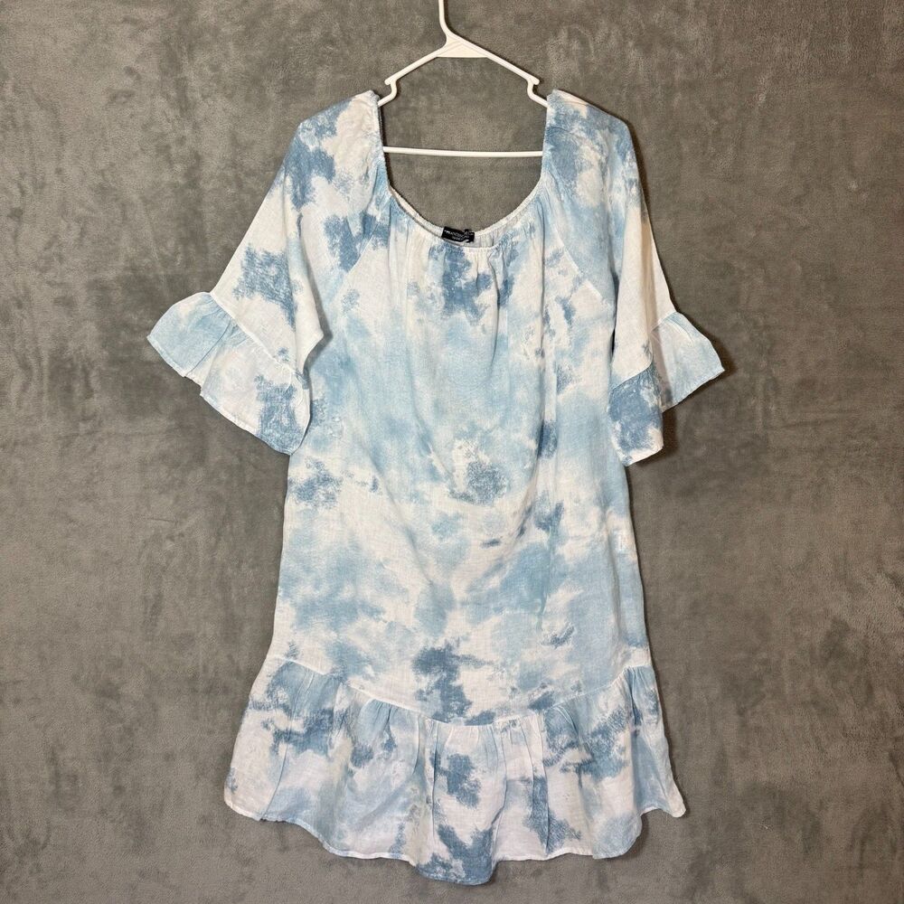 Francesca Bettini Women's L Blue White Tie Dye Linen Ruffle Dress Resort Italy